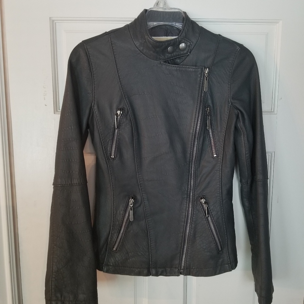Charcoal gray leather Michael Kors moto jacket